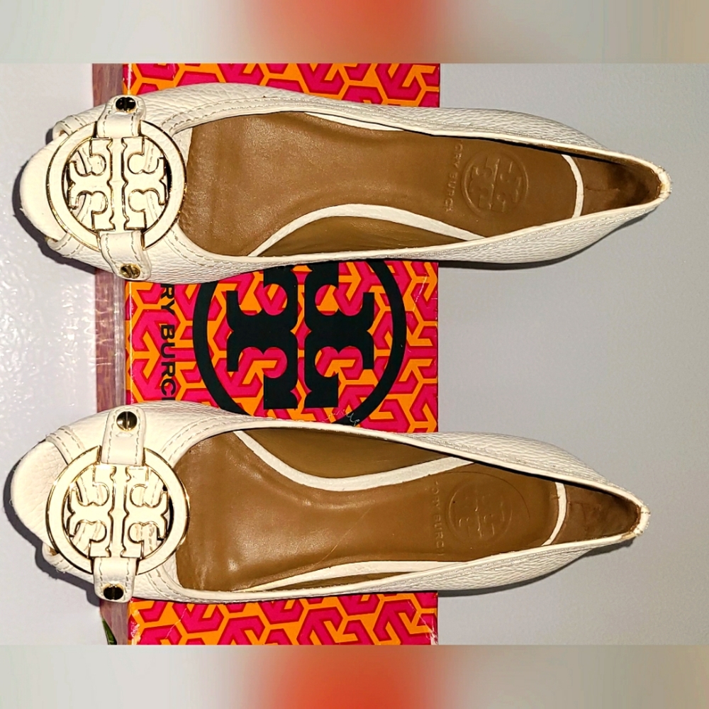 Tory Burch Designer Cream peep toe Amanda Wedge Platform Heels Sz 6.5